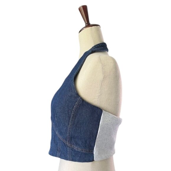 Zara Dark Wash Denim Cropped Mixed Media Halter Corset Top Hook Eye Closure Lrg - Picture 6 of 16